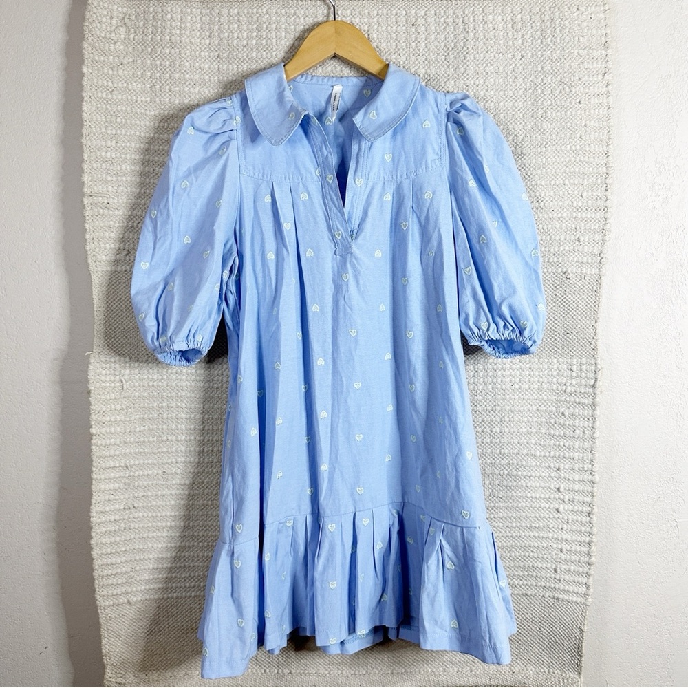 AVANTLOOK light blue heart embroidered puff sleeve ruffled mini dress S